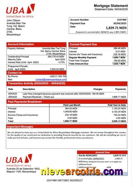 Mozambique United Bank for Africa Moçambique mortgage statement Word and PDF template